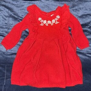 6month little girl crochet red dress with white flowers and ruffle details